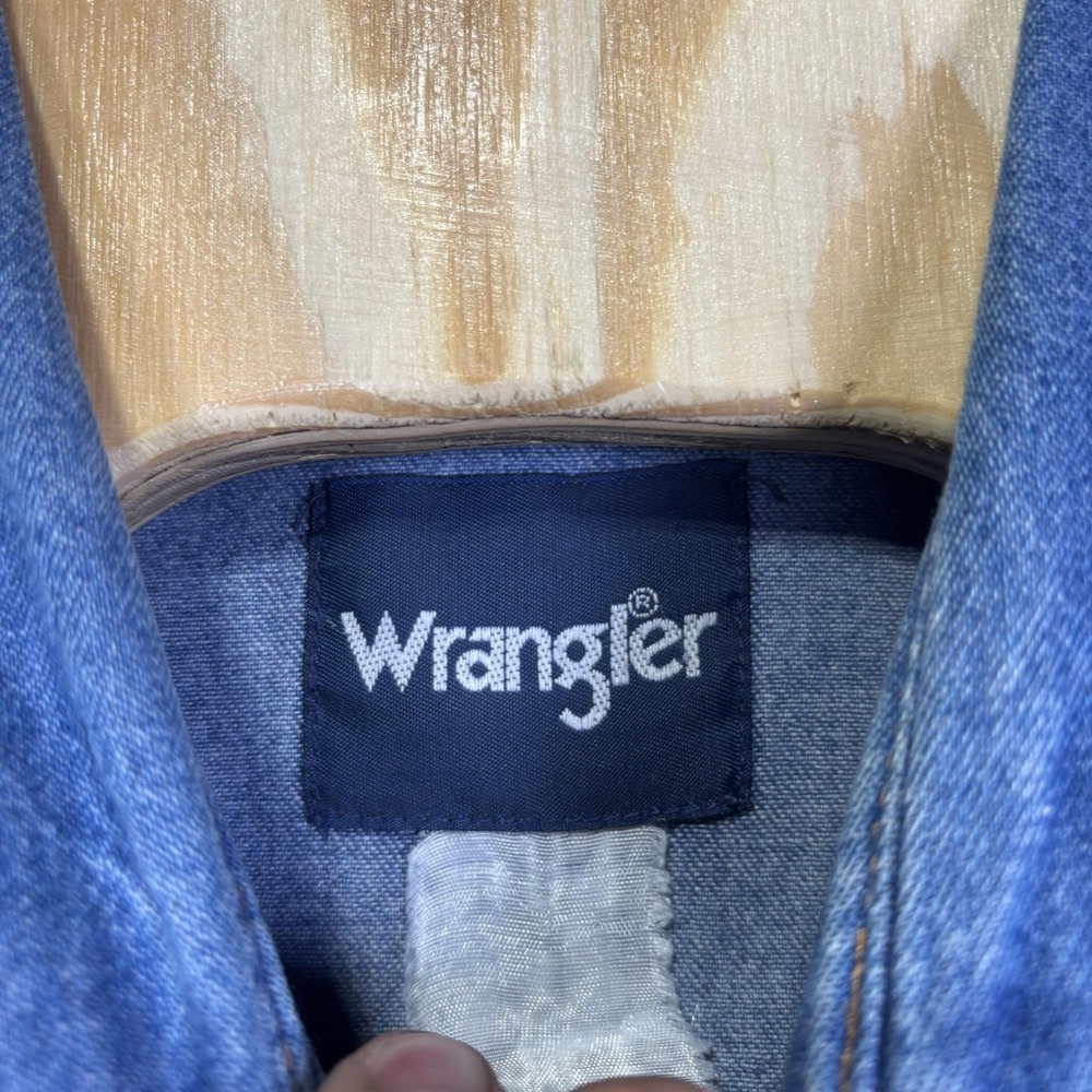VTG Wrangler Shirt Mens Large Blue Solid Long Sleeve Pearl Snap Denim Western - Picture 3 of 6